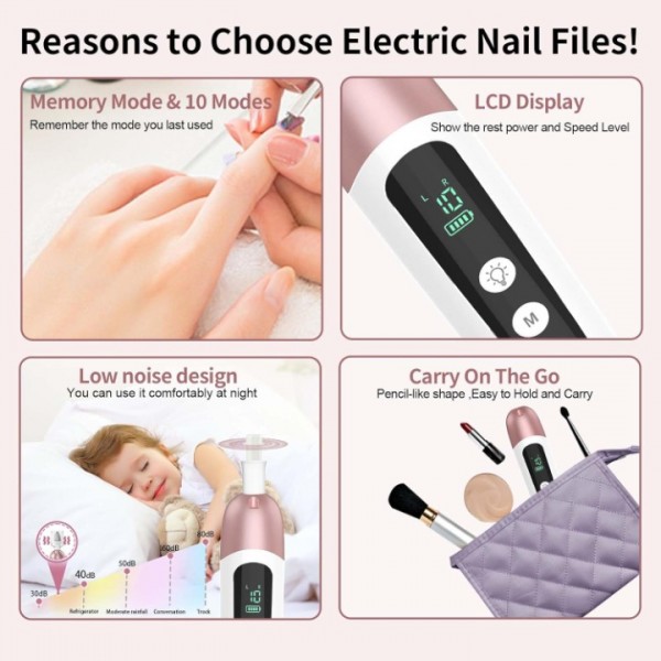 DEYI Cordless Electric Nail File Set, Professional Manicure Pedicure Kit, 10 Speed Portable Nail Drill Machine with Memory Modes, Pedicure Tools for feet, Hand Foot Care Tool for Thick Nail Toenail Cuticle