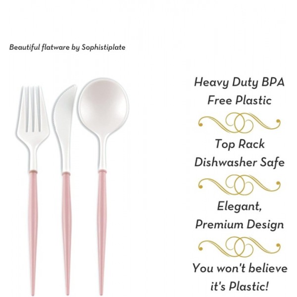 DEYI Bella Flatware Cutlery Set for 12 | Fork, Spoons & Knives Silverware Utensil Set | Reusable Dinnerware Sets Plastic & Top Rack Dishwasher Safe | White Flatware with Blush Handles36 Count