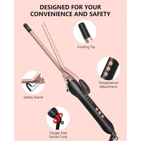 DEYI Small Curling Iron 3/8 Inch Barrel, Tiny Curling Wand for Short & Long Hair, 9mm Thin Curling Iron Tourmaline Ceramic Barrel Small Tongs with Adjustable Temperature