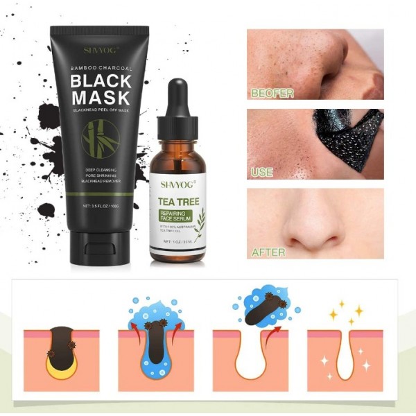 Blackhead Peel Off Face Mask, SHVYOG 3-in-1 Blackhead Remover Charcoal Mask with Brush & Tea Tree Serum, Purifying & Deep Cleansing Black Mask for Blackheads, Dirt, Acne, Pores Shrinking (100g+30ml)