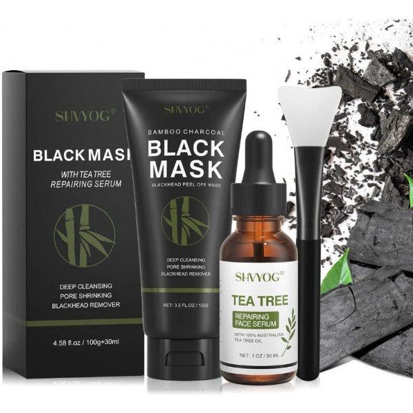 Blackhead Peel Off Face Mask, SHVYOG 3-in-1 Blackhead Remover Charcoal Mask with Brush & Tea Tree Serum, Purifying & Deep Cleansing Black Mask for Blackheads, Dirt, Acne, Pores Shrinking (100g+30ml)