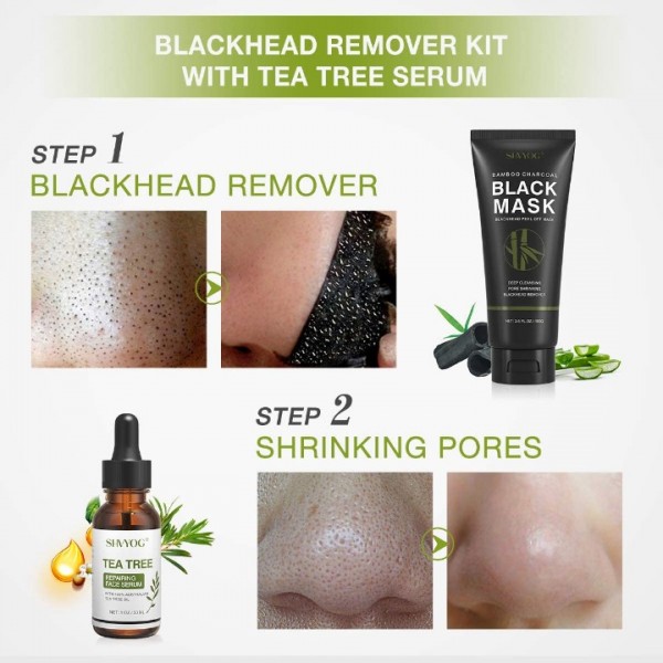 Blackhead Peel Off Face Mask, SHVYOG 3-in-1 Blackhead Remover Charcoal Mask with Brush & Tea Tree Serum, Purifying & Deep Cleansing Black Mask for Blackheads, Dirt, Acne, Pores Shrinking (100g+30ml)