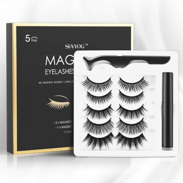 Magnetic Eyelashes with Eyeliner, SHVYOG 5 Pairs Upgraded Magnetic Eyelash Kit, Natural Look False Reusable Magnetic Lashes for Women, Magnetic Eyeliner and Eyelashes Kit with Tweezers Inside