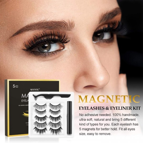 Magnetic Eyelashes with Eyeliner, SHVYOG 5 Pairs Upgraded Magnetic Eyelash Kit, Natural Look False Reusable Magnetic Lashes for Women, Magnetic Eyeliner and Eyelashes Kit with Tweezers Inside