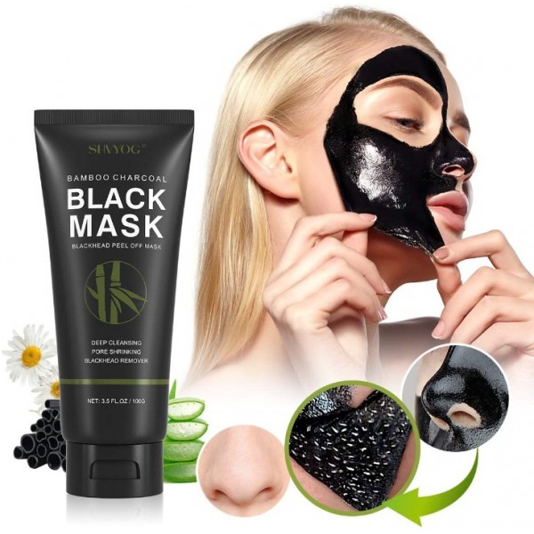 Blackhead Peel Off Face Mask, SHVYOG 3-in-1 Blackhead Remover Charcoal Mask with Brush & Tea Tree Serum, Purifying & Deep Cleansing Black Mask for Blackheads, Dirt, Acne, Pores Shrinking (100g+30ml)