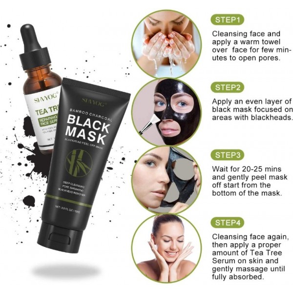 Blackhead Peel Off Face Mask, SHVYOG 3-in-1 Blackhead Remover Charcoal Mask with Brush & Tea Tree Serum, Purifying & Deep Cleansing Black Mask for Blackheads, Dirt, Acne, Pores Shrinking (100g+30ml)